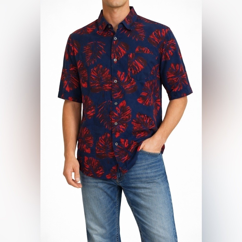 Piazza Italia Mens  Tropical Monstera Leaf‎ Button Down Shirt Navy Red